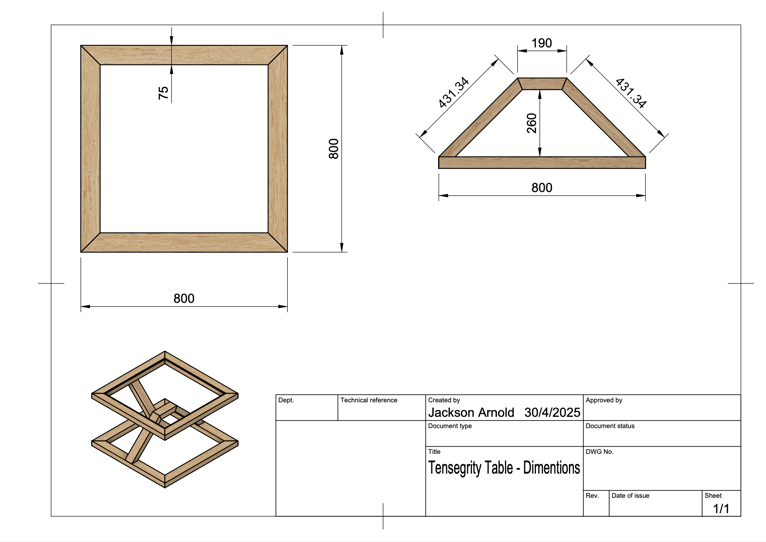Technical dimension drawing of the table